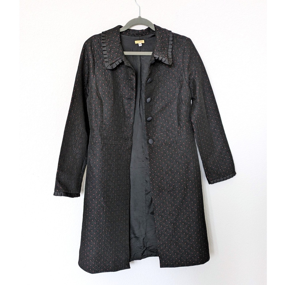 Jill Michelle Black Jacquard Floral‎ Red Polka Dot Ruffle Collar Coat Womens 10